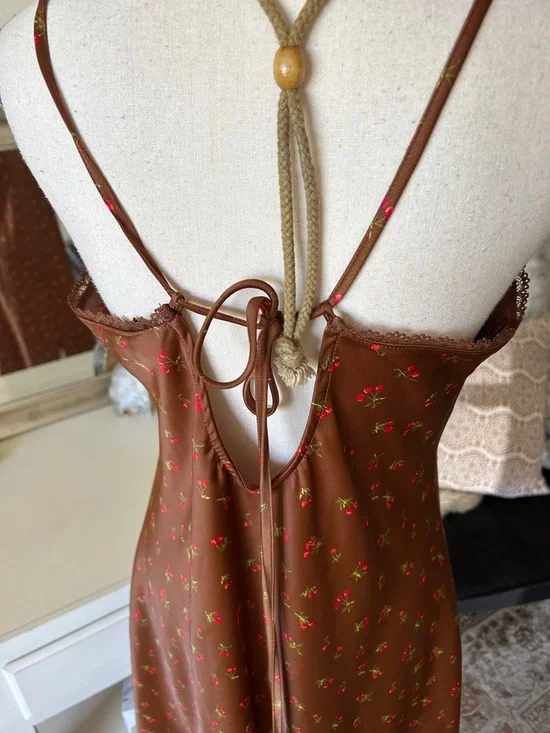 Wild fable, Brown, cherry print lace trim, slip mini dress large - Picture 6 of 11